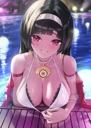 1girls astra_yao bare_shoulders bikini black_hair blush breasts cleavage female highres lace_trim large_breasts long_hair looking_at_viewer partially_submerged pool purple_eyes solo swimsuit torjun_111 upper_body white_bikini zenless_zone_zero