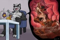 2019 acidic anthro anthro_pred anthro_prey belly big_belly black_body black_fur bodily_fluids canid canine cutaway dated dirty duo food fur hair internal licking licking_lips licking_own_lips male male_pred male_prey mammal narrowed_eyes nude open_mouth orange_body orange_fur short_hair sitting stomach_acid tongue tongue_out vore white_body white_fur white_hair