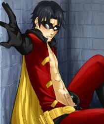 1boy 2011 abs against_wall balls batman_(series) belt black_hair blindfold dc dc_comics erection fwips gloves human light-skinned_male male male_focus male_only mask open_clothes open_shirt penis robin_(dc) robin_(tim_drake) sitting smile solo solo_focus sunglasses testicles tim_drake