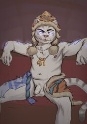 anthro arm_tattoo felid feline flaccid foreskin genitals glowing glowing_eyes gunfire_reborn hi_res leggicle lei_luo_(gunfire_reborn) male mammal pantherine penis solo tattoo tiger uncircumcised