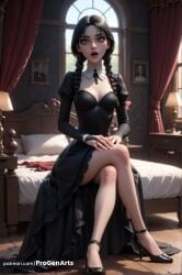 1girls ai_generated artist_name bed bedroom black_dress black_footwear black_hair braid breasts bridal_gauntlets brown_eyes cleavage crossed_legs curtains detached_collar dress full_body hair_over_shoulder hi_res high_heels indoors juliet_sleeves lamp legs long_hair long_sleeves looking_at_viewer medium_breasts nose on_bed open_mouth patreon_username pillow progenarts puffy_sleeves sitting solo the_addams_family twin_braids web_address wednesday_addams window wooden_floor