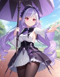 ahoge ai_generated bangs black_pantyhose black_skirt bow breasts brown_pantyhose cowboy_shot day dress drill_hair female frills hairband holding holding_umbrella kuroyaex long_hair long_sleeves looking_at_viewer medium_breasts multicolored_hair outdoors pantyhose parted_lips pointy_ears purple_bow purple_hair red_eyes shirt sideboob skirt sky solo standing umbrella very_long_hair vivian_banshee white_shirt wide_sleeves zenless_zone_zero