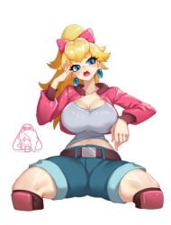1girls alternate_costume belt biker_peach blonde_hair blue_eyes breasts cleavage denim denim_shorts earrings female jacket jacket_open large_breasts little_blood long_hair manspreading mario_(series) mario_kart mario_kart_world navel nintendo official_alternate_costume open_jacket open_mouth pink_jacket princess_peach princess_peach_(touring) shorts simple_background solo solo_female solo_focus spread_legs tank_top tongue white_background white_tank_top