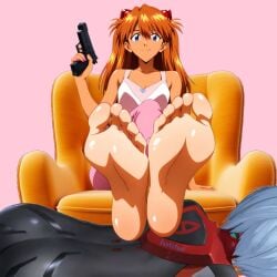 2girls all_fours asuka_langley_sohryu barefoot blue_eyes blue_hair crossed_ankles feet female femdom foot_fetish foot_focus foot_stool footstool gun happy happy_female holding_gun human_footstool human_furniture humiliation kneeling loser neon_genesis_evangelion orange_hair pink_clothing pink_pants pink_tank_top pistol plugsuit pov_feet rei_ayanami relaxing short_hair simple_background sitting sitting_on_chair smile smiling smiling_at_viewer smug soles tan_body tan_skin tanned tanned_girl teasing thecyclicend toes tsundere winner writing_on_body