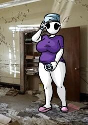 1girls bald bald_female big_breasts black_eyes breasts chetoh claire_(chetoh) egg female female_focus female_only hand_on_head messy no_pants oc original original_character panties photo_background purple_panties purple_shirt shirt slippers white_body