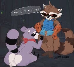 absurd_res anthro backsack balls blush blush_lines bodily_fluids clothing duo fellatio genitals gloves guardians_of_the_galaxy handwear hi_res indigo_park male male/male mammal marvel marvel_rivals oral pandogbutt penile procyonid raccoon rambley_raccoon rocket_raccoon scarf sex sweat