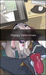 absurd_res amadose animal_genitalia animal_penis anthro bodily_fluids breasts canid canine canine_genitalia canine_penis chain_leash chains collar cum cum_on_face disney dominant dominant_male duo english_text erection faceless_character faceless_male female femsub fox fur genital_fluids genitals grey_body grey_fur hi_res judy_hopps kneeling knot knotted_penis lagomorph leash leporid male mammal nipples owen_(amadose) penis petplay pink_nipples purple_eyes rabbit sitting submissive submissive_anthro submissive_female text zootopia