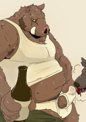 2019 anthro araiguma_11 belly bodily_fluids brown_body brown_fur bulge canid canine clothing cum duo fur gay genital_fluids humanoid_hands male male/male male_only mammal overweight overweight_male penis shirt simple_background suid suina sus_(pig) topwear underwear wild_boar