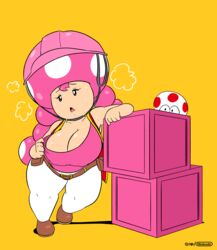 1boy 1girls bare_shoulders belt big_breasts boxes busty cleavage curvy female fungi_fauna half-closed_eyes hard_hat helmet highres huge_breasts humanoid joaoppereiraus large_breasts male mario_(series) mostly_clothed nintendo no_nose open_mouth pants peeping pigtails pink_eyes pink_hair shirt shirt_pull shoes shortstack super_mario_maker super_mario_maker_2 sweat sweaty thick thick_thighs thighs toad_(mario) toadette vest wide_hips yellow_background