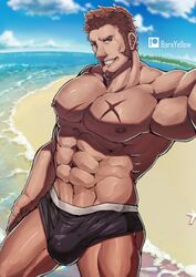 1boy abs bara barayellow beach beard bulge erect_nipples fate/grand_order fate_(series) goatee muscles muscular napoleon_bonaparte_(fate) ocean pecs pinup scars selfie smile starfish swimsuit teal_eyes topless yaoi