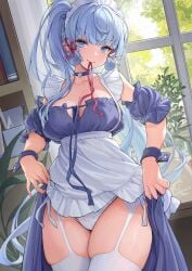 blue_eyes blue_hair catsmoon genshin_impact kamisato_ayaka looking_at_viewer lustful_gaze maid panties smile thick_thighs white_legwear