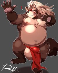 2019 anthro asian_clothing balls belly brown_body brown_fur bulge canid canine clothing east_asian_clothing flaccid fundoshi fur goemon_(tokyo_afterschool_summoners) humanoid_hands japanese_clothing male male_only mammal moobs navel nipples overweight overweight_male raccoon_dog reclamon simple_background solo tanuki tokyo_afterschool_summoners underwear video_games