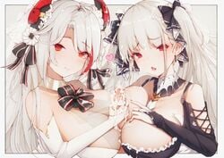 azur_lane bare_shoulders blush breasts cleavage cum cumdrip eyebrows_visible_through_hair feng_yezi formidable_(azur_lane) hair_ornament large_breasts long_hair looking_at_viewer open_mouth paizuri penis prinz_eugen_(azur_lane) ribbon smile white_hair