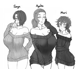 3girls ayako_(twrlare) bare_shoulders big_breasts black_and_white blush female_only flat_chest freckles hair_over_one_eye large_breasts long_hair mari_(twrlare) milf mother mother_and_daughter ponytail saya_(twrlare) short_hair sisters sweater twintails twrlare