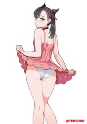 1girls ass black_hair blue_hair choker dress_lift eye_contact female hair_ribbon looking_at_viewer looking_back marnie_(pokemon) nintendo pale-skinned_female pale_skin panties pink_dress pinup pokemon pokemon_ss short_hair slender_legs teasing tenguro thighs twintails upskirt white_panties