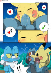 2boys balls blush bodily_fluids comic cum cum_in_mouth cum_inside erection fellatio froakie genital_fluids male male_on_male nintendo oral page_11 penile penis pikachu pokemon pokemon_(species) riolu sex video_games winick-lim yaoi