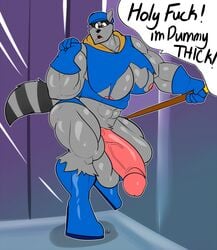 anthro balls big_balls big_muscles big_penis clothing gay hat headgear headwear huge_balls huge_cock huge_muscles humanoid_penis hyper hyper_muscles hyper_penis male male_only mammal mask muscular muscular_male penis procyonid raccoon sly_cooper sly_cooper_(series) solo somniumfox sony_corporation sony_interactive_entertainment speech_bubble sucker_punch_productions video_games