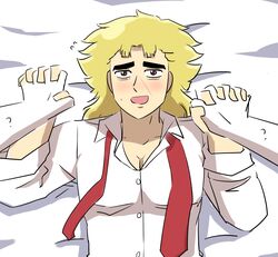 bed_sheet blonde_hair blush brown_eyes gay holding_hands imminent_sex jojo's_bizarre_adventure kyouka_(artist) open_mouth phantom_blood robert_edward_o_speedwagon scar sweat sweatdrop thick_eyebrows tie unbuttoned