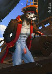 2019 abs anthro balls blizzard_entertainment boat bodily_fluids canid canine canis cloth clothed clothing digital_media_(artwork) fur genital_fluids hat headgear headwear humanoid_penis male male_only mammal marine muscular muscular_male nude outside penis pirate sea ship solo vehicle video_games warcraft water were werecanid werecanine werewolf wolf worgen world_of_warcraft