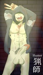 1boy arms_behind_head beard blood brick_wall covered_face green_skin hairy hoodie hunter_(left_4_dead) left_4_dead light male_only naked night penis source_request teeth testicles text tongue tongue_out watermark zombie