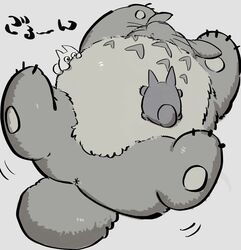 1boy 2020 anthro anus ass belly buta5kawa fur grey_body grey_fur hi_res japanese_text kemono lying male male_only overweight simple_background text x_anus