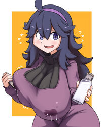 1girls ahoge alternate_breast_size blush bottle breasts dress embarrassed eye_contact game_freak hex_maniac holding huge_breasts lactation lactation_through_clothes large_breasts long_hair looking_at_viewer milk motion_lines nervous nintendo open_mouth orange_background pokemon pokemon_xy purple_dress purple_eyes purple_hair sakanadaze smile solo source_request spiral_eyes sweat thick_thighs tongue wet wide_hips