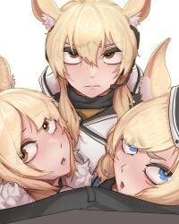 3girls ? animal_ears arknights blemishine_(arknights) headset imminent_oral male mueos-ilkka nearl_(arknights) siblings sisters whislash_(arknights)