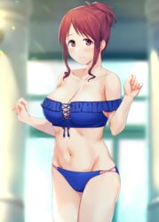 anti_(0324) bikini bikini_bottom blue_bikini blue_clothing blush breast brown_hair cleavage crop_top idolmaster idolmaster_cinderella_girls large_breasts looking_at_viewer mifune_miyu navel smile