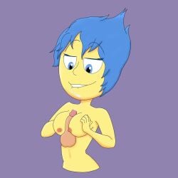 biting_lip blue_eyes blue_hair breasts cum cum_on_chin cum_on_face disney female female_focus female_only inside_out joy_(inside_out) looking_at_penis looking_down medium_breasts nude nude_female paizuri pixar smile smiling smirk tagme_(artist) titjob yellow_skin