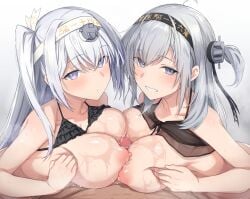 1boy 2girls absurdres bikini black_bikini breasts censored clothes_writing cooperative_paizuri double_paizuri female fuyutsuki_(kantai_collection) grey_eyes grey_hair grin hachimaki hair_between_eyes hairband highres kantai_collection large_breasts long_hair looking_at_viewer male male/female mosaic_censoring multiple_girls official_alternate_costume one_side_up paizuri penis pov sabo_(12454861) simple_background smile straight suzutsuki_(kantai_collection) suzutsuki_(swimsuit_mode)_(kantai_collection) sweat swimsuit