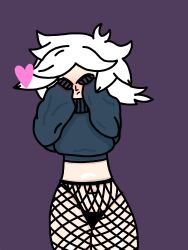 alex arms_up blush closed_eyes heart legs_together nervous net_clothes oc panties pookyelgato purple_background short_hair sweater white_hair