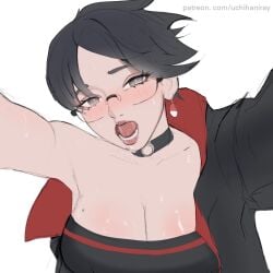 1girls armpits bare_shoulders bedroom_eyes big_breasts black_eyes black_hair blush boruto:_naruto_next_generations boruto:_two_blue_vortex breasts busty choker cleavage close-up collar dog_collar drool drooling ear_piercing earrings female female_focus female_only glasses hi_res high_resolution highres jacket jewelry large_breasts light-skinned_female light_skin lips lipstick looking_at_viewer makeup narrowed_eyes naruto naruto_(series) naughty_face nose_blush open_mouth pale-skinned_female pale_skin pink_lips pink_lipstick pinup pov pov_eye_contact presenting_breasts saliva saliva_drip saliva_trail sarada_uchiha shounen_jump shueisha solo solo_female solo_focus sweat sweatdrop sweating sweaty sweaty_breasts tomboy tongue tubetop uchiha_sarada uchiha_symbol uchihaniray very_high_resolution weekly_shonen_jump white_background