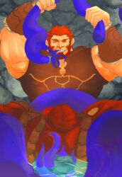 balls bara beard bighaozi bulge clothing facial_hair fate_(series) flaccid fully_clothed iskandar_(fate) male male_only muscles muscular penis sitting solo solo_male tentacle tentacle_on_male