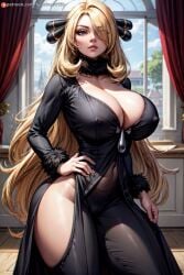 ai_generated big_areola big_breasts blonde_female blonde_hair blonde_hair_female blush breasts cleavage cleavage_cutout curvaceous curvy curvy_body curvy_female curvy_figure cynthia_(pokemon) dark_eyes hair_between_eyes hair_covering_eye hair_ornament hair_over_one_eye huge_breasts indoors large_breasts long_hair looking_at_viewer looking_down naked naked_female navel nipple_bulge nipples_visible_through_clothing panties panties_around_leg panties_around_one_leg pokemon pokemon_rgby pokemon_rse pokemon_sm pokemon_ss pussy supr3metr thick_legs thick_thighs thighs vagina voluptuous voluptuous_female wet wide_hips