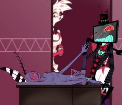 1girls 3boys anal angel_dust_(hazbin_hotel) demon gay hazbin_hotel male/male valentino_(hazbin_hotel) velvette_(hazbin_hotel) vox_(hazbin_hotel) watching yaoi