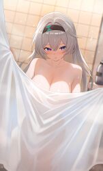1girls :t absurdres bathroom black_hairband blush breasts closed_mouth collarbone completely_nude covering_body dutch_angle female film_grain firefly_(honkai:_star_rail) grey_hair hair_between_eyes hairband highres honkai:_star_rail honkai_(series) indoors large_breasts long_hair looking_at_viewer melreon nude purple_eyes shower_curtain solo wet