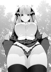 absurdres black_thighhighs breasts cameltoe closed_mouth clothes_lift female go-toubun_no_hanayome greyscale hair_ribbon highleg highleg_panties highres kosmos_beta large_breasts lifting_own_clothes looking_at_viewer monochrome nakano_nino panties ribbon shirt skirt skirt_lift solo thighhighs thighs two_side_up underwear