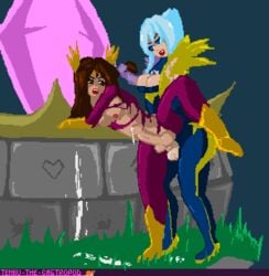 against_wall anal animated blush bodysuit chaos_and_order_series cum cum_on_balls cum_while_penetrated dawnbringer_riven futa_on_futa futanari futasub gif intersex league_of_legends leona_(league_of_legends) pixel_art riot_games riven tenku_the_gastropod torn_clothes