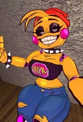 3d ai ai_generated animatronic beanie black_eyeshadow black_sclera chica_(fnaf) cleavage five_nights_at_freddy&#039;s five_nights_at_freddy&#039;s_2 fnaf grin low-polygonal retro_toy_chica ripped_jeans robot robot_girl robot_humanoid scottgames selfie spiked_collar spiked_cuffs toy_chica_(fnaf) tubetop white_pupils