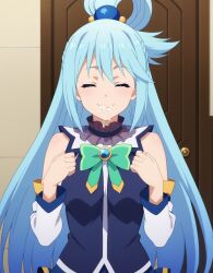 1girls ai_generated aqua_(konosuba) big_breasts blue_eyes blue_hair cum_in_mouth facial female female_only harigane_mental kono_subarashii_sekai_ni_shukufuku_wo! long_hair mosaic_censoring naughty_face school_uniform solo sucking_penis swallowing swallowing_cum