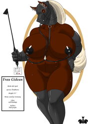 anthro big_breasts blackfox85 bodily_fluids bondage bound breasts character_sheet collar curvy_figure ear_piercing equid equine female frau_gidean gimp_suit hi_res horse hose huge_breasts hyper hyper_breasts lactating mammal mask milk nipples piercing riding_crop rubber simple_background solo submissive submissive_female text voluptuous whip white_background