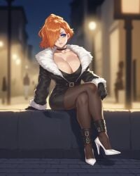 1female 1girls ai_generated ass big_breasts breasts cleavage cleavage_overflow collar female female_only feminine feminine_pose high_heels huge_breasts jacket mature mature_body mature_figure mature_woman milf orange_hair roman_torchwick sitting solo solo_female thick thick_ass thick_thighs thighs voluptuous voluptuous_female wide_hips