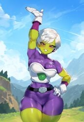 ai_generated cheelai creamy_ai curves curvy curvy_body dragon_ball dragon_ball_(series) dragon_ball_super female female_only green_skin purple_eyes short_female short_girl short_hair smaller_female tagme voluptuous_female white_hair wide_hips