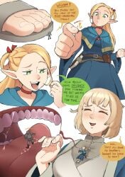 1boy 2d 2girls blonde_hair color dungeon_meshi elf falin_touden female giantess human inside_mouth laios_touden larger_female marcille_donato mouth_play multi_size on_chest pointy_ears punishedmosquito size_difference smaller_female smaller_male smug text vore