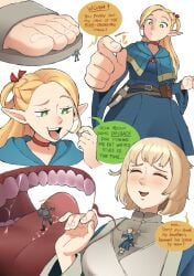 1boy 2d 2girls blonde_hair color dungeon_meshi elf falin_touden female giantess human inside_mouth laios_touden larger_female marcille_donato mouth_play multiple_sizes on_chest pointy_ears punishedmosquito size_difference smaller_female smaller_male smug text vore