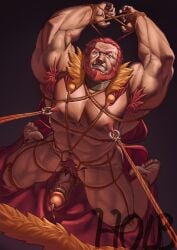 balls bara beard bondage boner erection facial_hair fate_(series) holb iskandar_(fate) male male_only muscles muscular penis rope_bondage solo solo_male