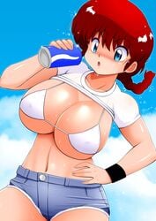 1girls 2d beach bikini_top bimbo breasts cleavage clothing cola eyeshadow female gender_transformation genderswap_(mtf) huge_breasts large_breasts moyashi outdoor ranma-chan ranma_1/2 ranma_saotome red_hair rule_63 short_hair shorts solo swimsuit thick_thighs