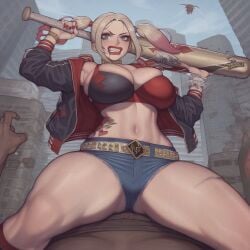 1boy1girl 1girls ai_generated angry bald baseball_bat big_ass big_breasts big_butt big_nipples big_thighs blonde_hair blue_eyes blue_shorts blush dark-skinned_male dark_skin dc_comics faceless_male female harley_quinn harley_quinn_(classic) huge_ass huge_breasts huge_butt huge_nipples huge_thighs jacket makeup multicolored_hair muscular muscular_male punch twintails wanuze wide_hips