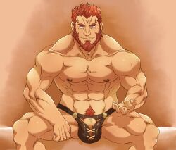 artist_request balls bara beard bulge facial_hair fate_(series) flaccid iskandar_(fate) male male_only muscles muscular penis sitting solo solo_male