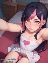 1femboy ai_generated armpits better_than_girls black_hair chastity chastity_cage cute femboy femboy_focus femboy_only hypnosis oc original original_character osirix petite petite_body pink_hair pink_highlights selfie stable_diffusion swirly_eyes white_dress